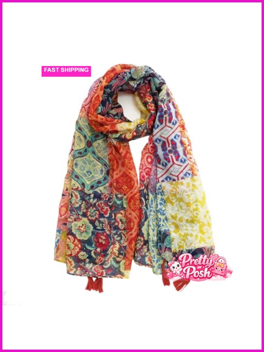 Boho Floral Print Fringed Shawl Wrap Lightweight Cotton Blend Scarf